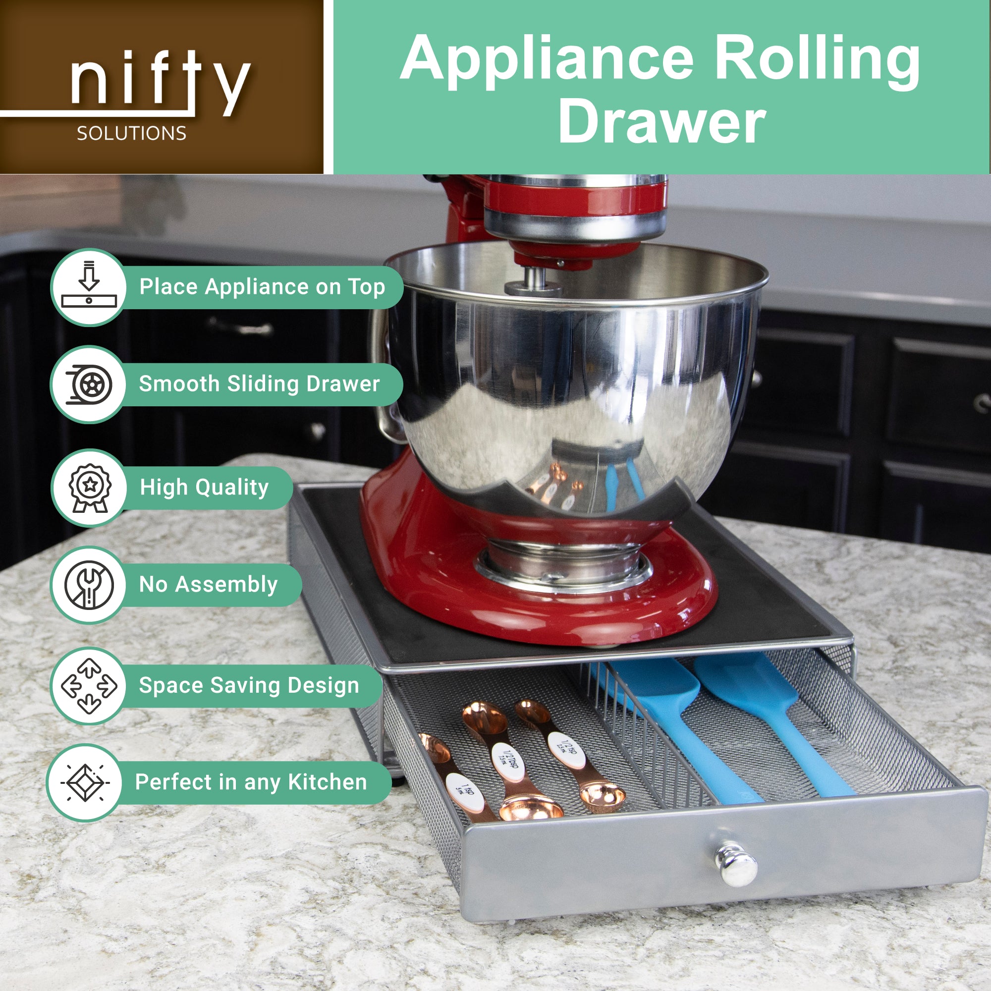 Nifty Small Appliance Rolling Tray - Black, Home Kitchen Counter Organizer,  Integrated Rolling System, Non-Slip Pad Top for Coffee Maker, Stand Mixer